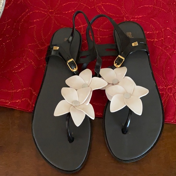 Melissa black white flower jelly sandals sz 9 - Picture 1 of 5